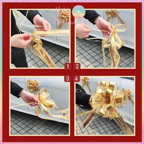 [HOTIS] Nơ ruy băng tú cầu Song Hỷ 6.4cm, nơ cưới dây rút phối voan trang trí tiệc cưới, đám hỏi, nơ gắn xe hoa