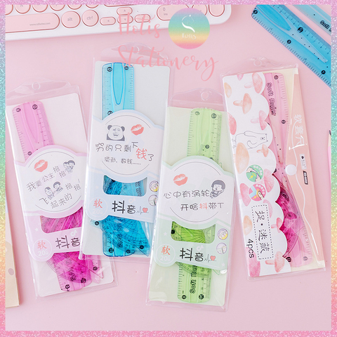 [HOTIS] Bộ 4 thước ê ke nhựa dẻo Soft Ruler nhiều màu, không lo gãy