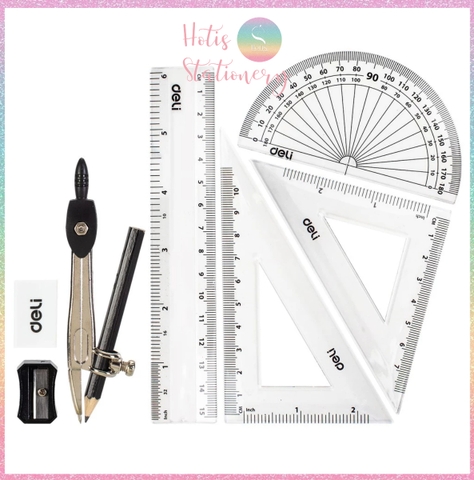 [HOTIS] Bộ Compa Thước Kẻ Eke 8 món DELI, Hộp thiếc cao cấp, tiện lợi