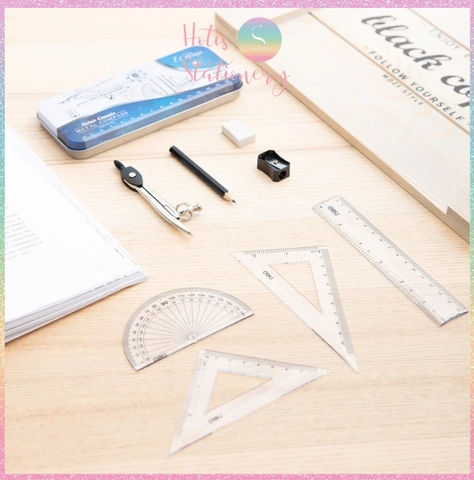 [HOTIS] Bộ Compa Thước Kẻ Eke 8 món DELI, Hộp thiếc cao cấp, tiện lợi