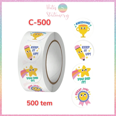 [HOTIS] Sticker Cuộn 500 Nhãn Dán Khen Thưởng Học Sinh - Tạo Động Lực, Kích Thích Học Tập, Phù Hợp Giáo Viên & Phụ Huynh