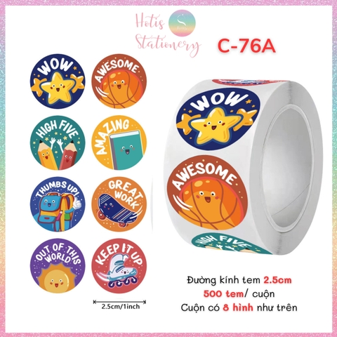 [HOTIS] Sticker Cuộn 500 Nhãn Dán Khen Thưởng Học Sinh - Tạo Động Lực, Kích Thích Học Tập, Phù Hợp Giáo Viên & Phụ Huynh