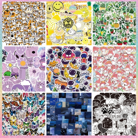 [HOTIS] Set Sticker nhiều mẫu size lớn 5 - 8cm, nhãn dán cán màng phim PVC không thấm nước, dán được nhiều lần