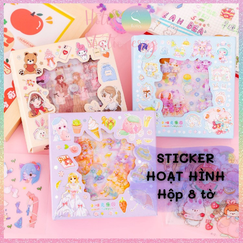 [HOTIS] Hộp 8 tờ Sticker hoạt hình PET chống thấm nước dán sổ, bình giữ nhiệt, ly thủy tinh