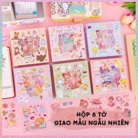 [HOTIS] Hộp 8 tờ Sticker hoạt hình PET chống thấm nước dán sổ, bình giữ nhiệt, ly thủy tinh