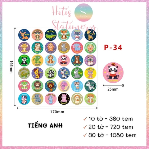 [HOTIS] Sticker khen thưởng Tiếng Anh/ Trung, tem dán thưởng khen ngợi học sinh tiểu học