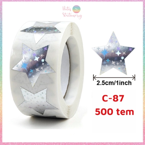 [HOTIS] 50 mẫu - Cuộn 500 tem dán sticker ngôi sao, trái tim, hình tròn lấp lánh dán trang trí hộp quà