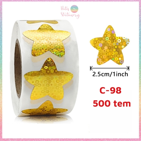 [HOTIS] 50 mẫu - Cuộn 500 tem dán sticker ngôi sao, trái tim, hình tròn lấp lánh dán trang trí hộp quà