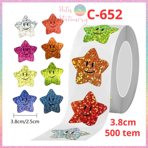 [HOTIS] 50 mẫu - Cuộn 500 tem dán sticker ngôi sao, trái tim, hình tròn lấp lánh dán trang trí hộp quà