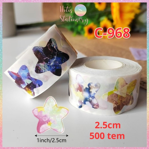 [HOTIS] 50 mẫu - Cuộn 500 tem dán sticker ngôi sao, trái tim, hình tròn lấp lánh dán trang trí hộp quà