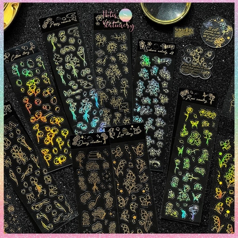 [HOTIS] Flower set sticker nhãn dán ánh vàng hologram trang trí sổ tay, thiệp chúc, postcard, điện thoại, laptop