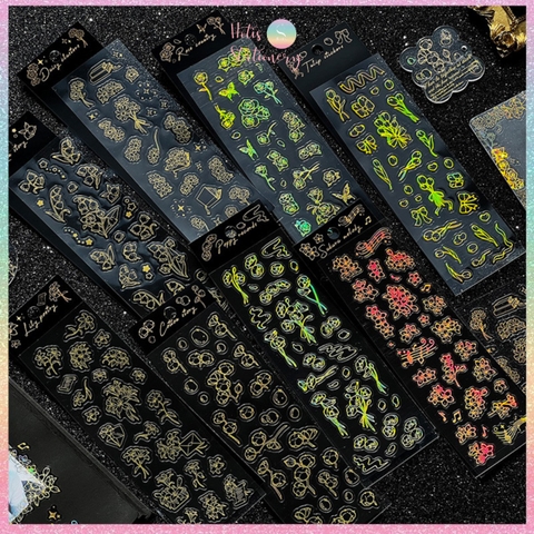 [HOTIS] Flower set sticker nhãn dán ánh vàng hologram trang trí sổ tay, thiệp chúc, postcard, điện thoại, laptop