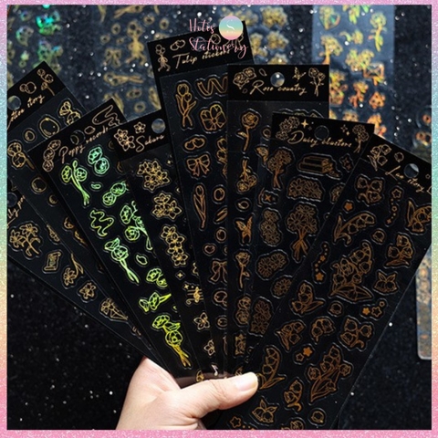 [HOTIS] Flower set sticker nhãn dán ánh vàng hologram trang trí sổ tay, thiệp chúc, postcard, điện thoại, laptop