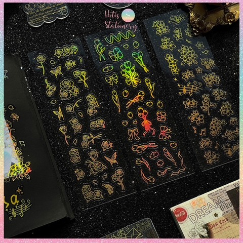 [HOTIS] Flower set sticker nhãn dán ánh vàng hologram trang trí sổ tay, thiệp chúc, postcard, điện thoại, laptop