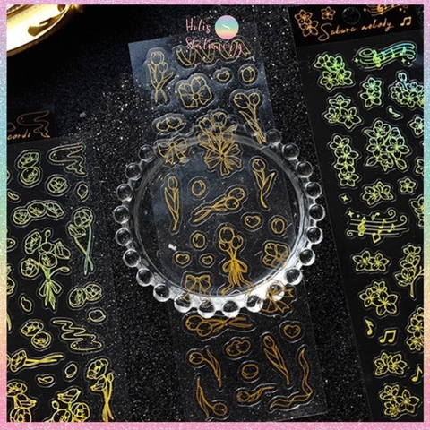 [HOTIS] Flower set sticker nhãn dán ánh vàng hologram trang trí sổ tay, thiệp chúc, postcard, điện thoại, laptop