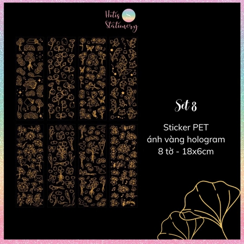[HOTIS] Flower set sticker nhãn dán ánh vàng hologram trang trí sổ tay, thiệp chúc, postcard, điện thoại, laptop