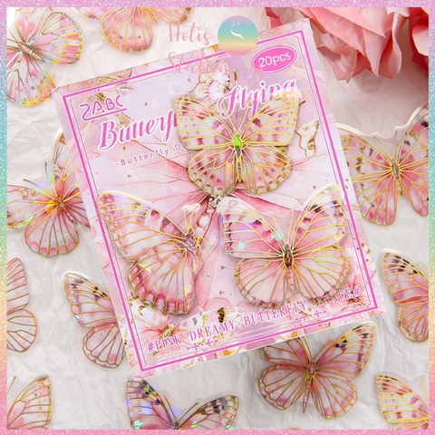 [HOTIS] Set 20 Sticker Bướm Dreamy Butterfly Dance Hologram PET trong suốt chống thấm nước, trang trí sổ tay DIY, làm thiệp