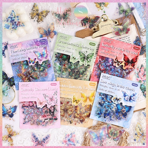 [HOTIS] Set 20 Sticker Bướm Dreamy Butterfly Dance Hologram PET trong suốt chống thấm nước, trang trí sổ tay DIY, làm thiệp