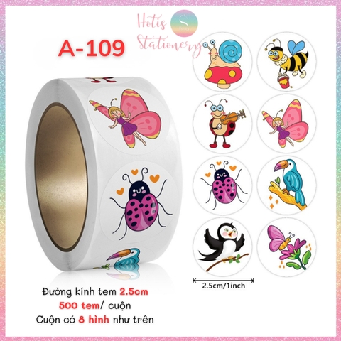 [HOTIS] Cuộn 500 tem sticker hoạt hình cute, tem dán trang trí, nhãn dán khen thưởng học sinh tạo động lực