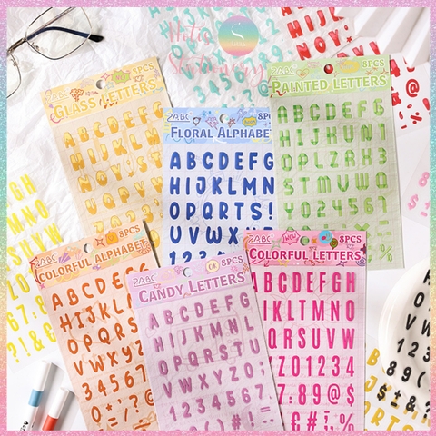 [HOTIS] Set 8 tờ Sticker chữ số nhiều màu Letter Sticker PET, nhãn dán chữ cái alphabet trang trí sổ tay bullet journal