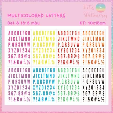[HOTIS] Set 8 tờ Sticker chữ số nhiều màu Letter Sticker PET, nhãn dán chữ cái alphabet trang trí sổ tay bullet journal