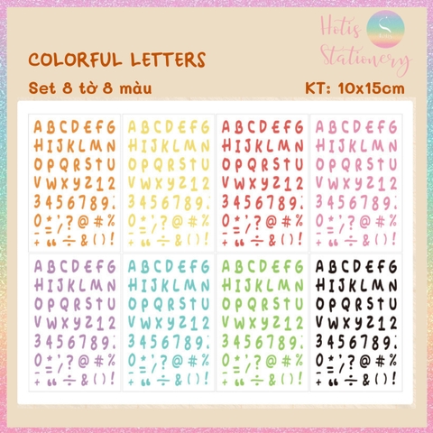 [HOTIS] Set 8 tờ Sticker chữ số nhiều màu Letter Sticker PET, nhãn dán chữ cái alphabet trang trí sổ tay bullet journal
