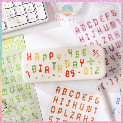 [HOTIS] Set 8 tờ Sticker chữ số nhiều màu Letter Sticker PET, nhãn dán chữ cái alphabet trang trí sổ tay bullet journal