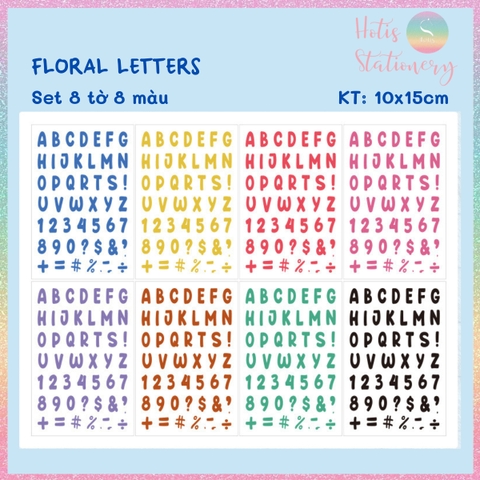 [HOTIS] Set 8 tờ Sticker chữ số nhiều màu Letter Sticker PET, nhãn dán chữ cái alphabet trang trí sổ tay bullet journal