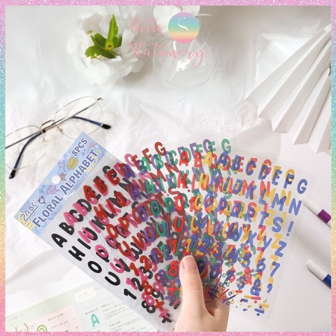 [HOTIS] Set 8 tờ Sticker chữ số nhiều màu Letter Sticker PET, nhãn dán chữ cái alphabet trang trí sổ tay bullet journal