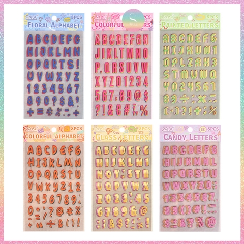 [HOTIS] Set 8 tờ Sticker chữ số nhiều màu Letter Sticker PET, nhãn dán chữ cái alphabet trang trí sổ tay bullet journal