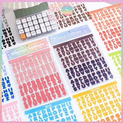 [HOTIS] Set 8 tờ Sticker chữ in Vibrant Letters 16 màu PET chống nước, dán trang trí sổ, bình nước, laptop