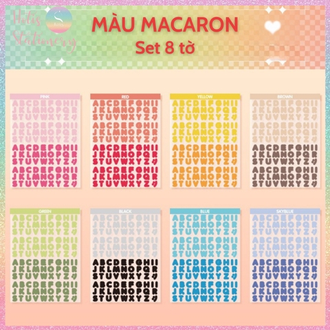 [HOTIS] Set 8 tờ Sticker chữ in Vibrant Letters 16 màu PET chống nước, dán trang trí sổ, bình nước, laptop