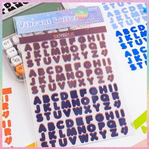 [HOTIS] Set 8 tờ Sticker chữ in Vibrant Letters 16 màu PET chống nước, dán trang trí sổ, bình nước, laptop