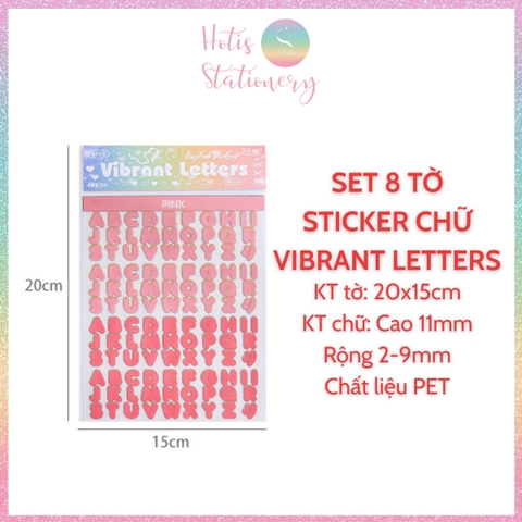 [HOTIS] Set 8 tờ Sticker chữ in Vibrant Letters 16 màu PET chống nước, dán trang trí sổ, bình nước, laptop