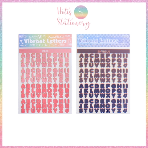 [HOTIS] Set 8 tờ Sticker chữ in Vibrant Letters 16 màu PET chống nước, dán trang trí sổ, bình nước, laptop