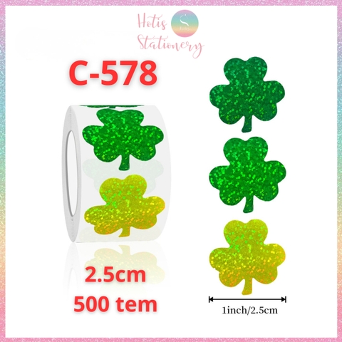 [HOTIS] Cuộn 500 Tem Dán Sticker Cỏ Ba Lá - Size 2.5cm & 3.8cm - Bóc Dán Dễ Dàng, Trang Trí Đẹp Mắt