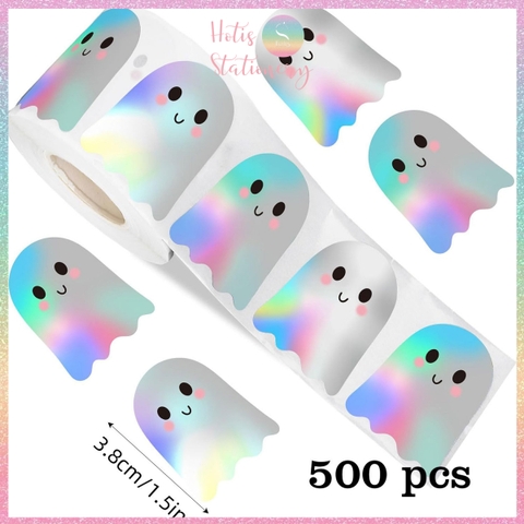 [HOTIS] Cuộn 500 Tem Nhãn Dán Trang Trí Hình Ma Tiny Boo Holographic - Phụ Kiện Tiệc Tùng Cực Xịn, Kích Thước 3.8cm