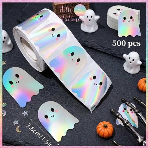 [HOTIS] Cuộn 500 Tem Nhãn Dán Trang Trí Hình Ma Tiny Boo Holographic - Phụ Kiện Tiệc Tùng Cực Xịn, Kích Thước 3.8cm