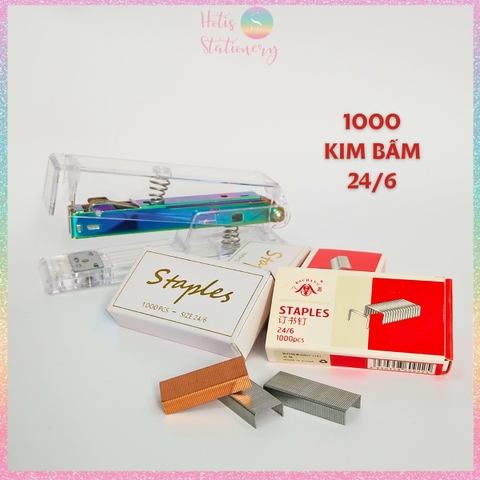 Hộp 1000 kim bấm 24/6 màu bạc, đồng - Loại lớn