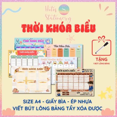 [HOTIS] Thời khóa biểu A4 ép nhựa tẩy xóa dược, lịch học nhiều mẫu thiết kế dễ thương - Tặng kèm 1 bút lông bảng