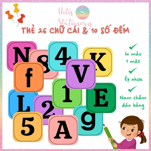 [HOTIS] Bộ 26 chữ cái Tiếng Anh, 10 số đếm tặng dấu câu, phép tính - Giấy bìa cứng ép nhựa dán bảng, giáo cụ dạy học