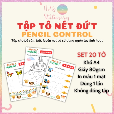 [HOTIS] Tô nét đứt, luyện nét cơ bản, tô màu cho bé 3-6 tuổi, rèn luyện tư duy, học liệu Montessori