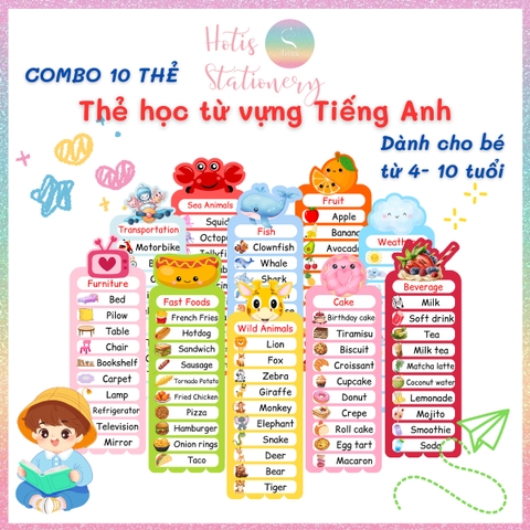 [HOTIS] Combo 20 Thẻ từ vựng Tiếng Anh cho bé từ 4-10 tuổi, ép nhựa, giáo cụ dạy học - Kèm file nghe