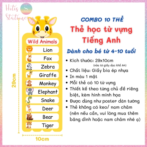 [HOTIS] Combo 20 Thẻ từ vựng Tiếng Anh cho bé từ 4-10 tuổi, ép nhựa, giáo cụ dạy học - Kèm file nghe