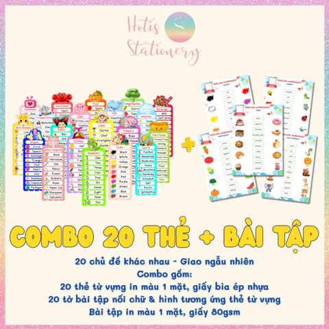[HOTIS] Combo 20 Thẻ từ vựng Tiếng Anh cho bé từ 4-10 tuổi, ép nhựa, giáo cụ dạy học - Kèm file nghe