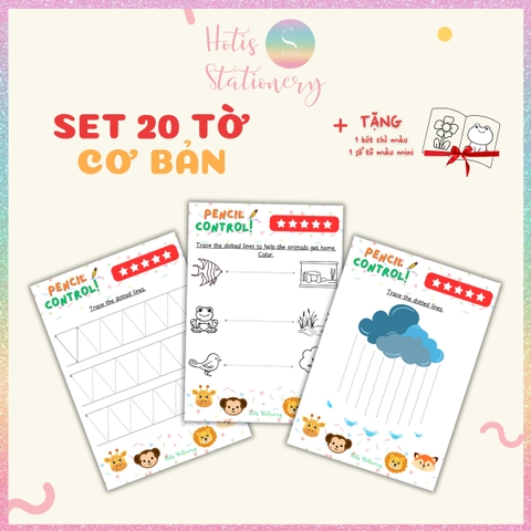 [HOTIS] Bé làm quen các nét cơ bản, bộ học liệu Montessori 20 tờ tô nét đứt cho bé, giấy A4 in màu