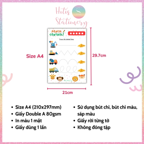 [HOTIS] Bé làm quen các nét cơ bản, bộ học liệu Montessori 20 tờ tô nét đứt cho bé, giấy A4 in màu