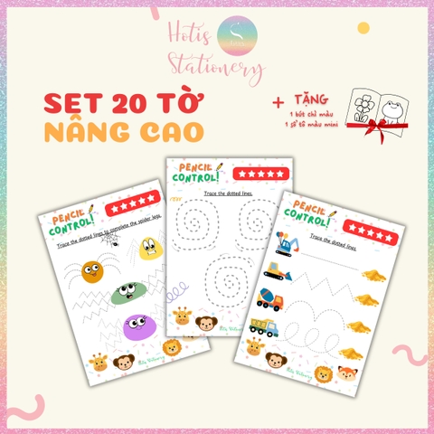 [HOTIS] Bé làm quen các nét cơ bản, bộ học liệu Montessori 20 tờ tô nét đứt cho bé, giấy A4 in màu