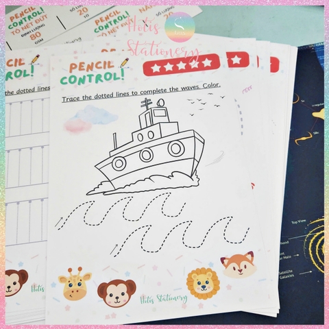 [HOTIS] Bé làm quen các nét cơ bản, bộ học liệu Montessori 20 tờ tô nét đứt cho bé, giấy A4 in màu