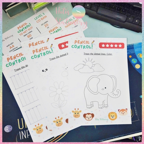 [HOTIS] Bé làm quen các nét cơ bản, bộ học liệu Montessori 20 tờ tô nét đứt cho bé, giấy A4 in màu